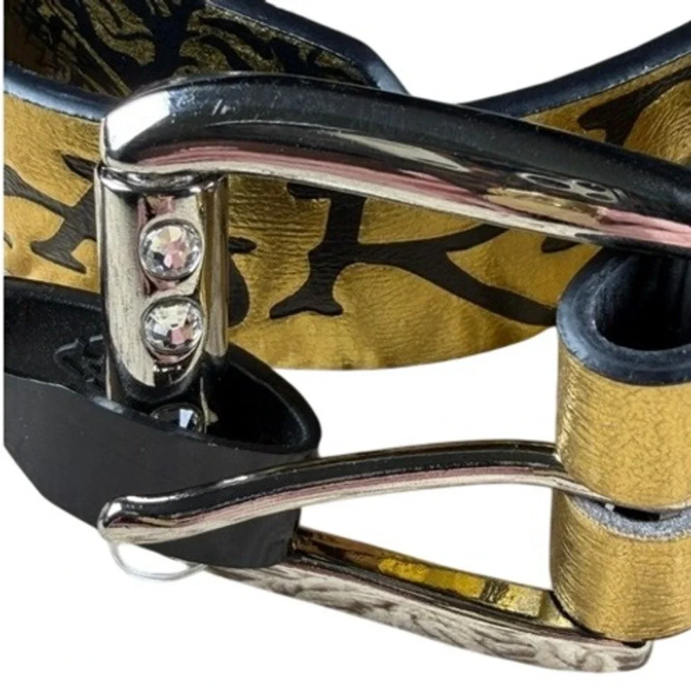 Ed Hardy Belt 32 Gold Metallic Tattoo Graphic Tiger Skull Rhinestone Buckle Y2K